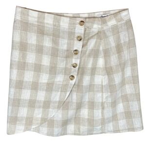 Madewell Gingham Linen Blend Button Front Wrap Skirt Beige White Size 10